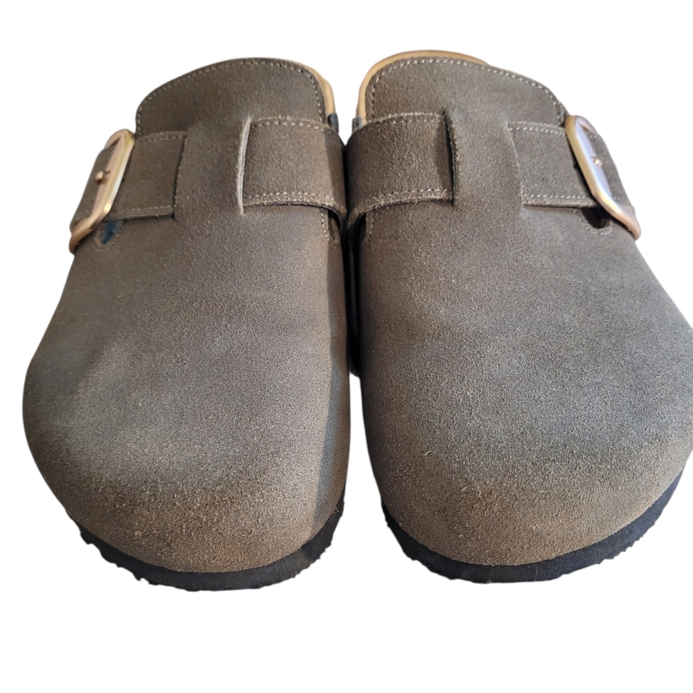 Women’s Brown Suede Slide Clogs with Buckle - Picture 2 of 8